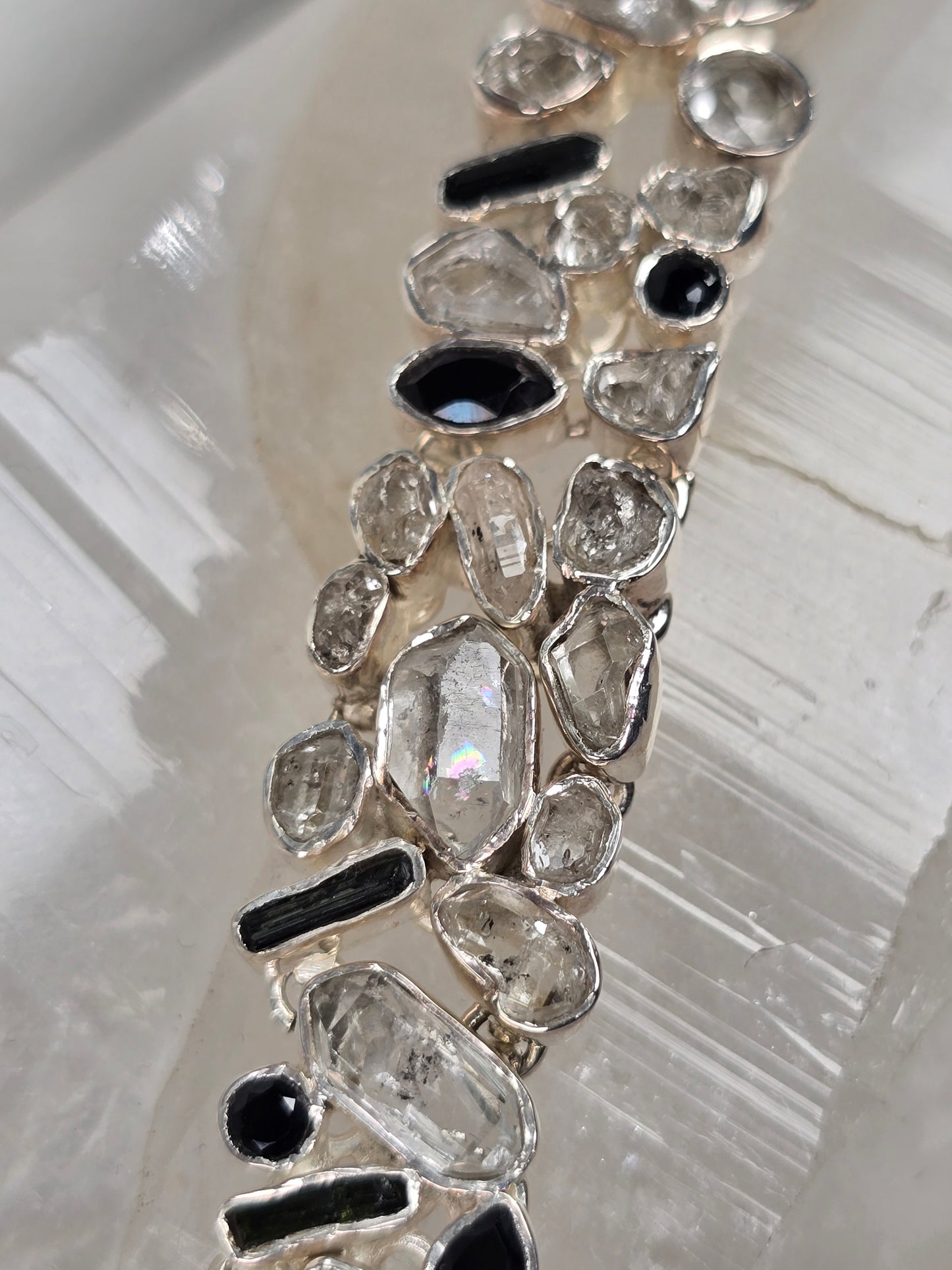 Black Onyx, Tourmaline, and Herkimer Quartz Sterling silver bracelet