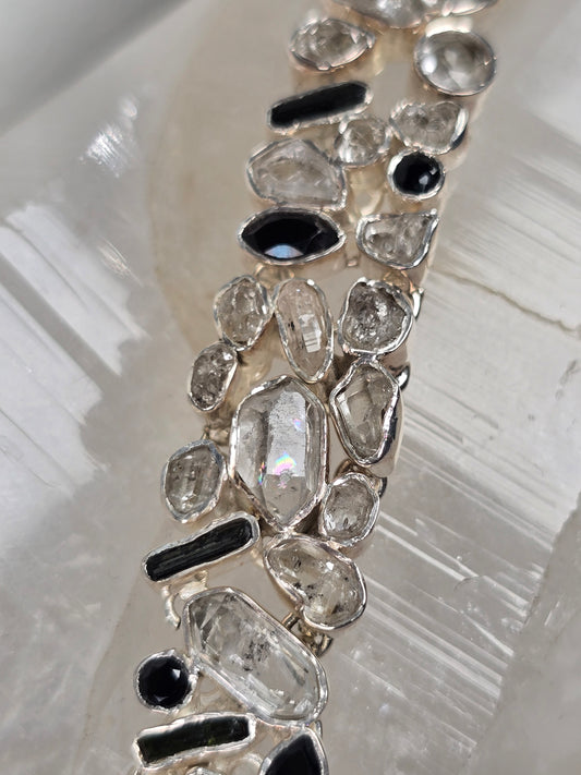 Black Onyx, Tourmaline & Herkimer Quartz Bracelet