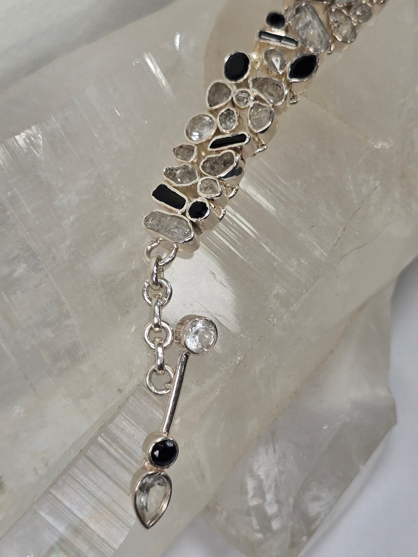 Black Onyx, Tourmaline, and Herkimer Quartz Sterling silver bracelet