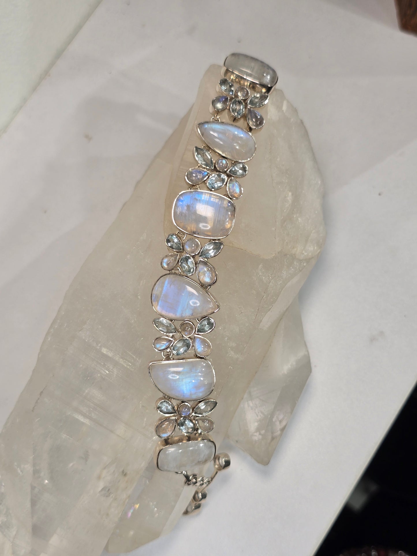 Rainbow Moonstone and Aquamarine Sterling silver Bracelet