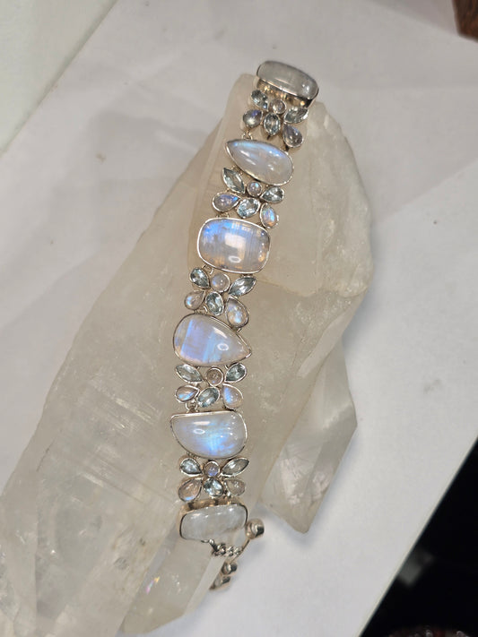 Rainbow Moonstone & Aquamarine Bracelet – Sterling Silver