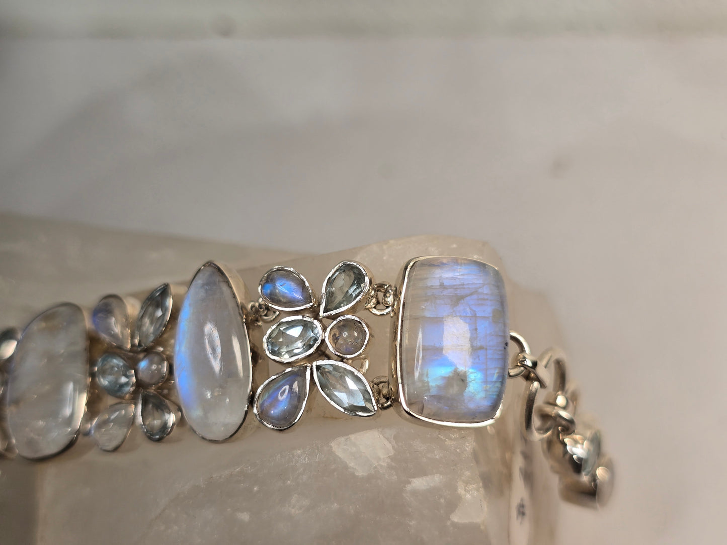 Rainbow Moonstone and Aquamarine Sterling silver Bracelet