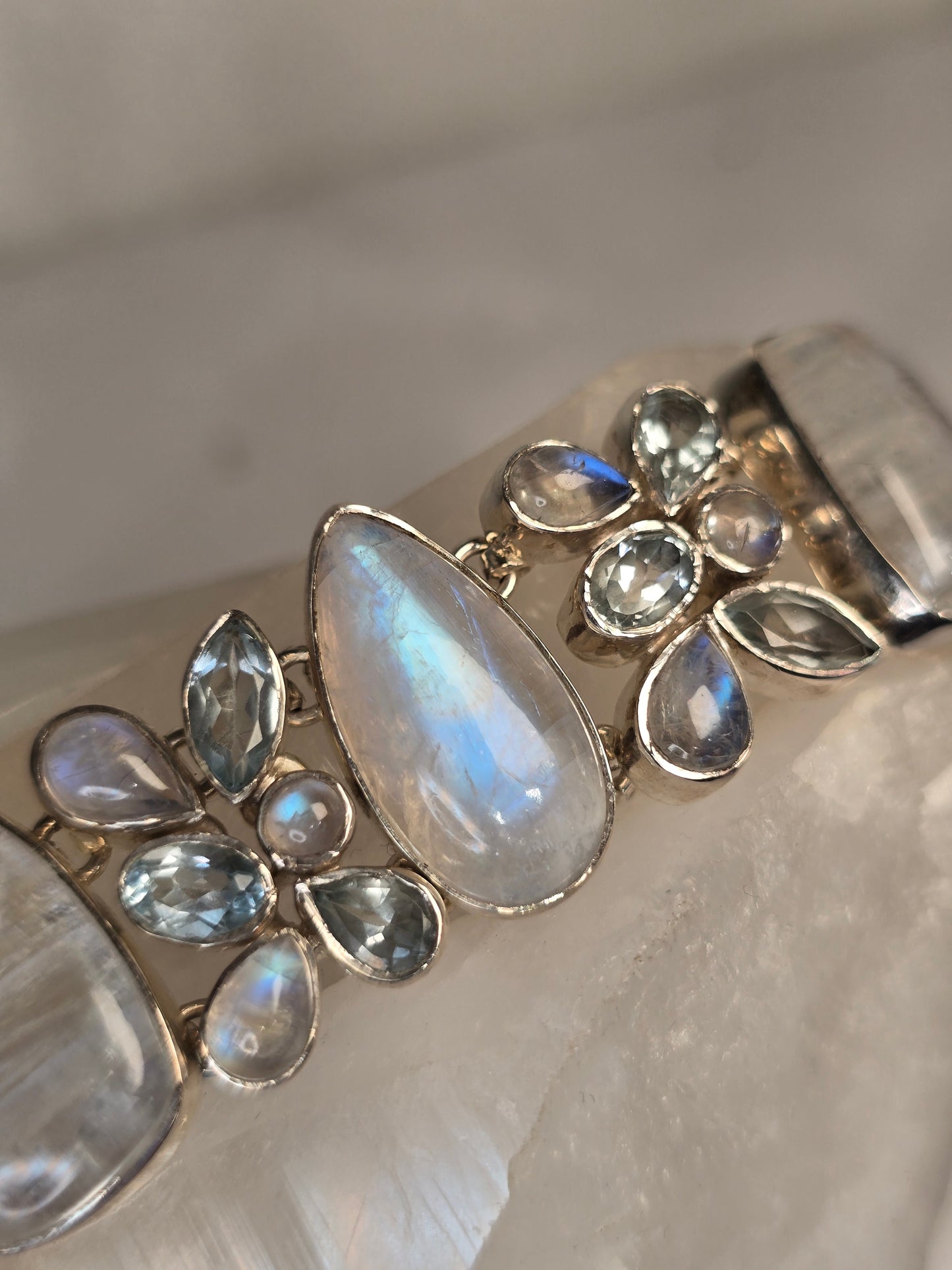 Rainbow Moonstone and Aquamarine Sterling silver Bracelet