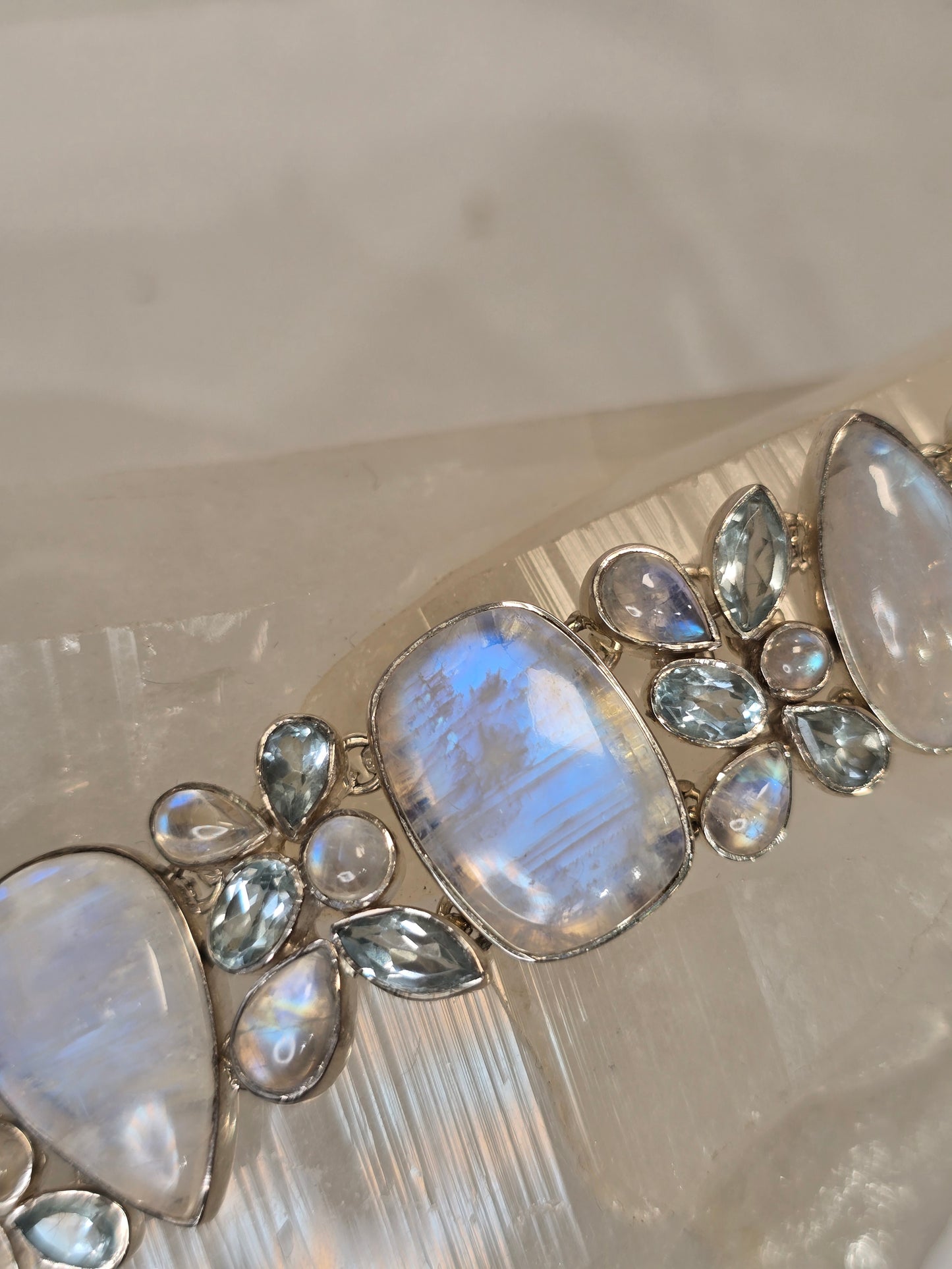 Rainbow Moonstone and Aquamarine Sterling silver Bracelet