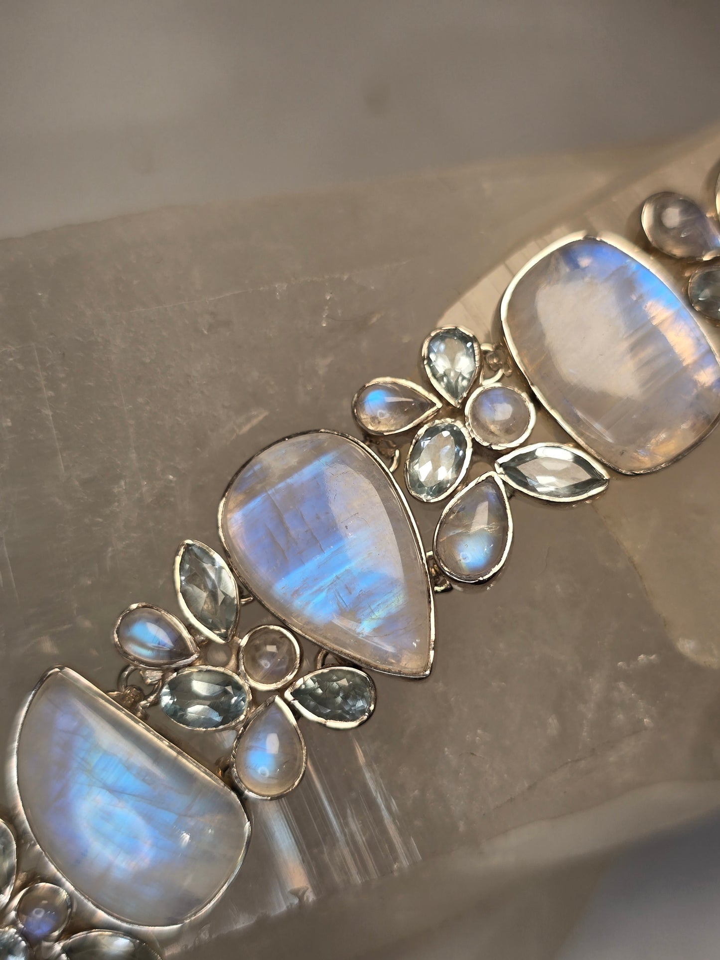 Rainbow Moonstone and Aquamarine Sterling silver Bracelet