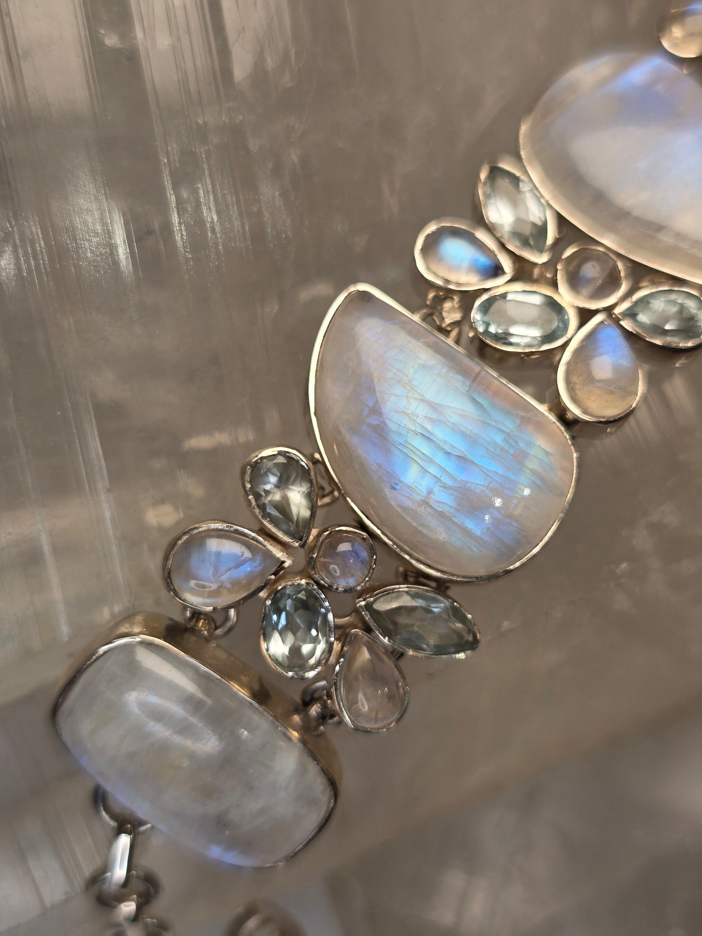 Rainbow Moonstone and Aquamarine Sterling silver Bracelet