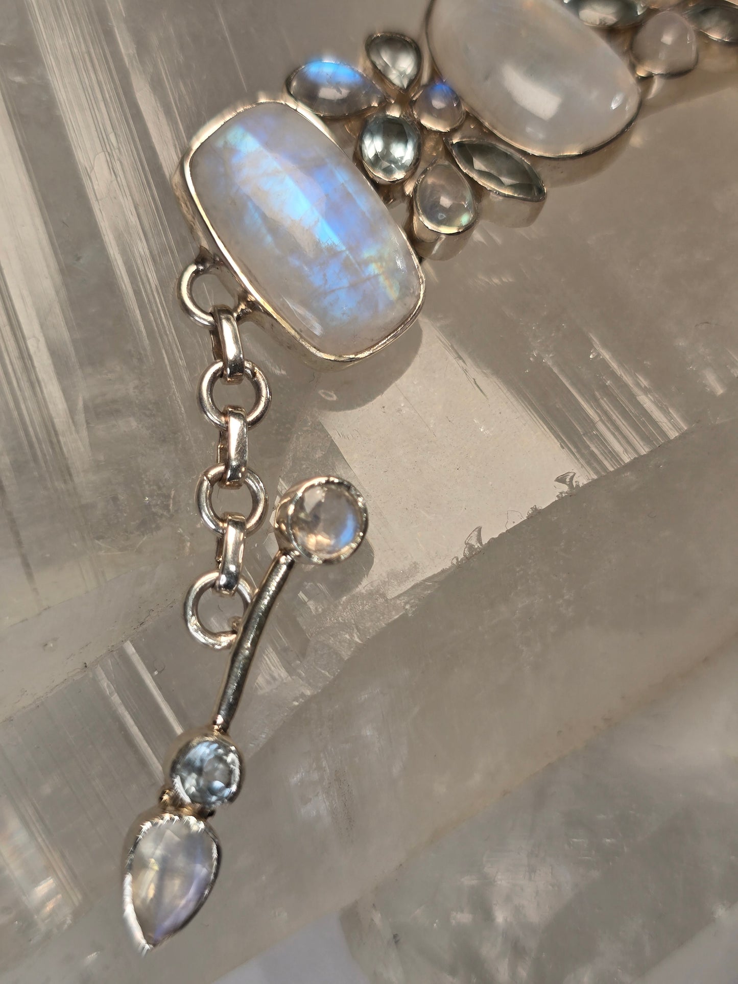 Rainbow Moonstone and Aquamarine Sterling silver Bracelet