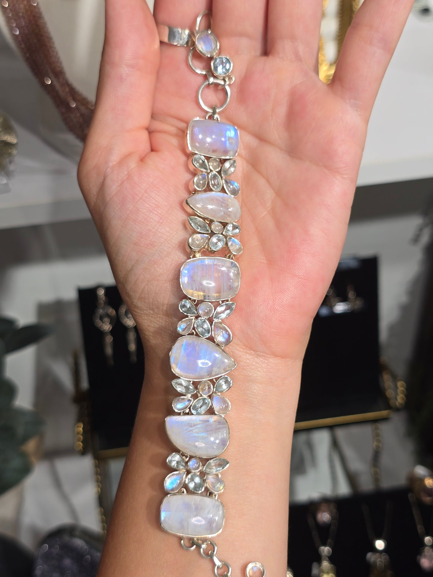 Rainbow Moonstone and Aquamarine Sterling silver Bracelet