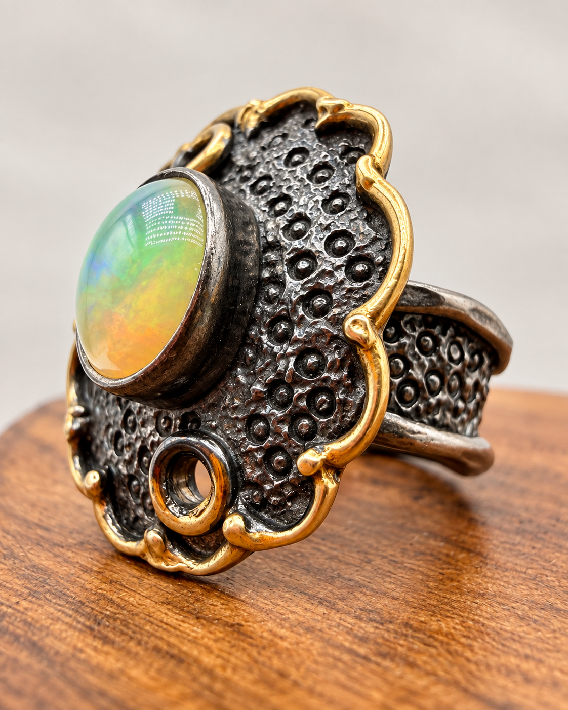 Rhodium Plated Silver Opal Ring with Gold Plated Accent – Size 6