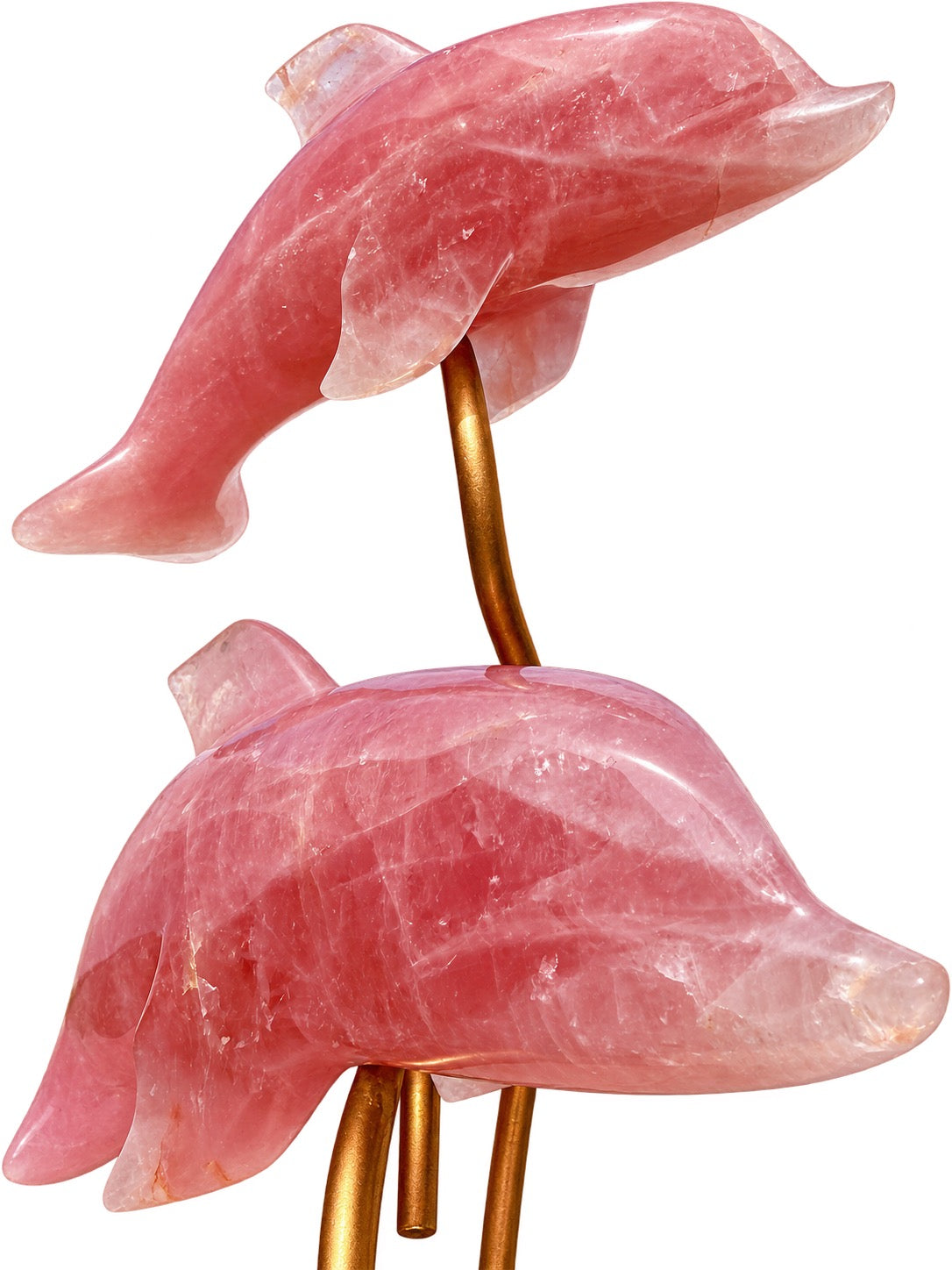 Double dolphin sculpture hand carved from rose quartz crystal on a gold display stand