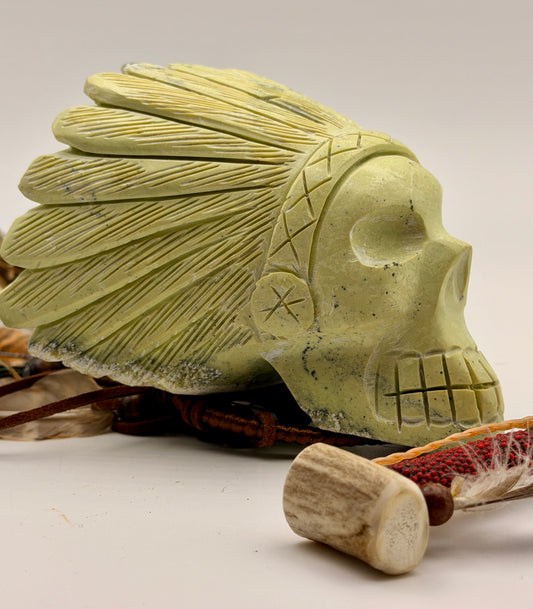 Peruvian Serpentine Skull – Feather Headdress Carving