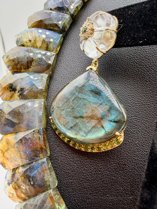 Labradorite, Green Tourmaline & Quartz Dangle Earrings