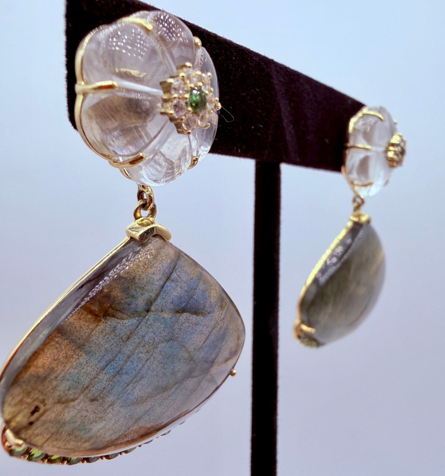 Labradorite, Green Tourmaline, and Quartz Stud Earrings