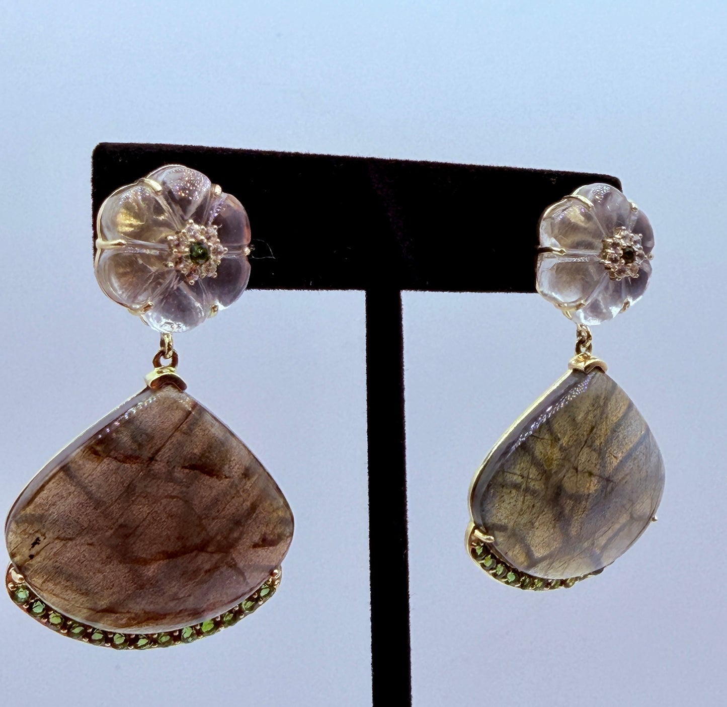 Labradorite, Green Tourmaline, and Quartz Stud Earrings