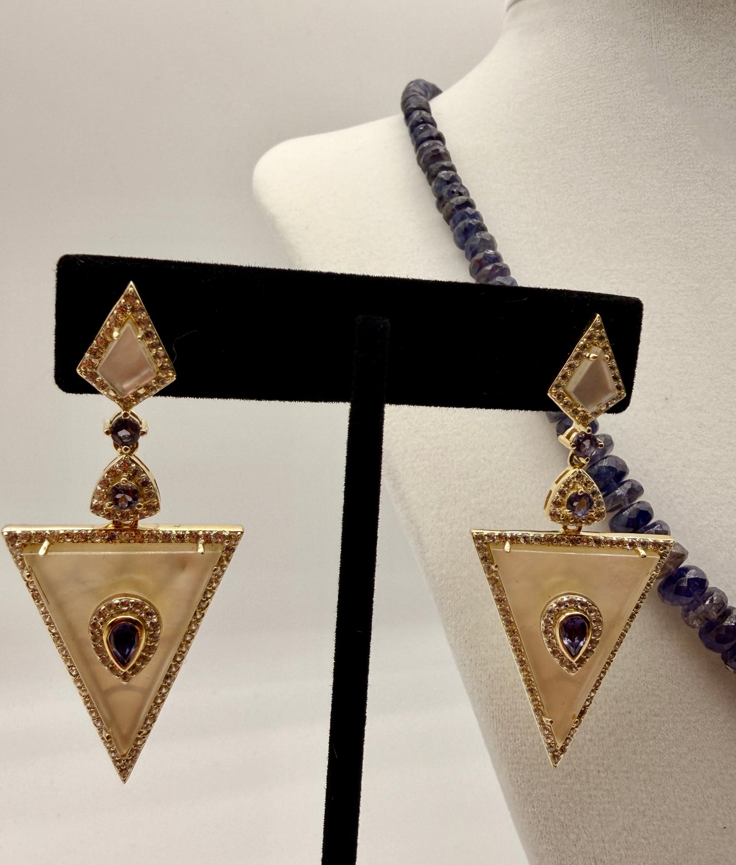 Mother of Pearl, Zircon, and Iolite Stud Earrings