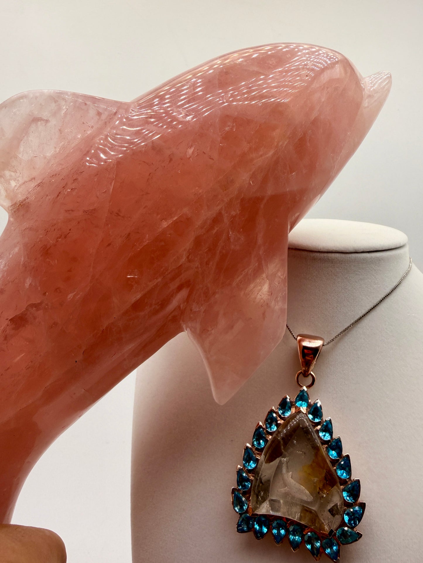 Whale Intaglio Quartz and Neon Blue Apatite Pendant