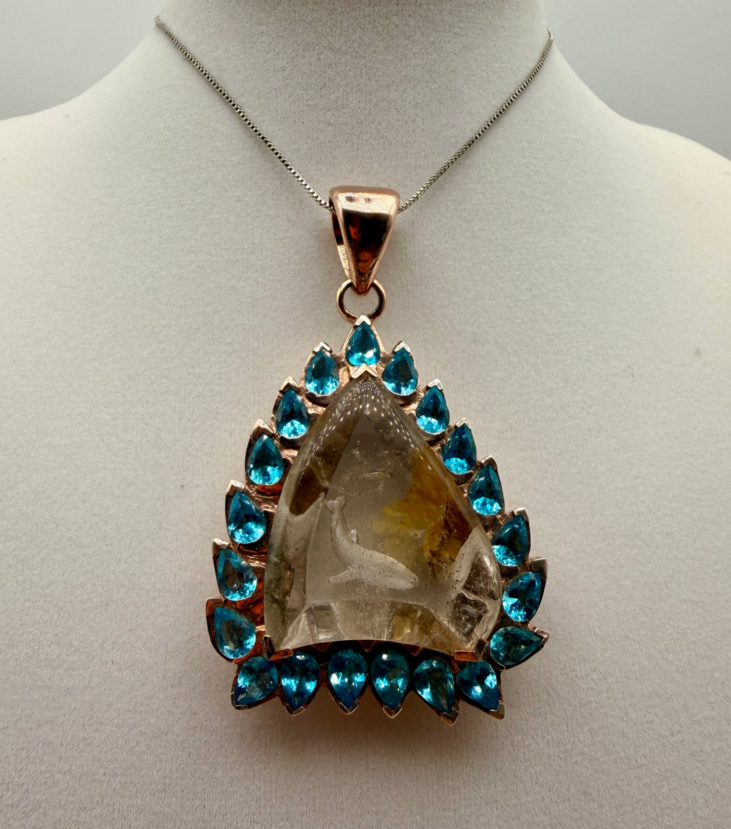 Whale Intaglio Quartz and Neon Blue Apatite Pendant