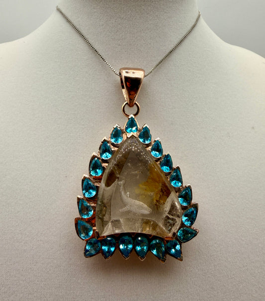 Whale Intaglio Quartz and Neon Blue Apatite Pendant