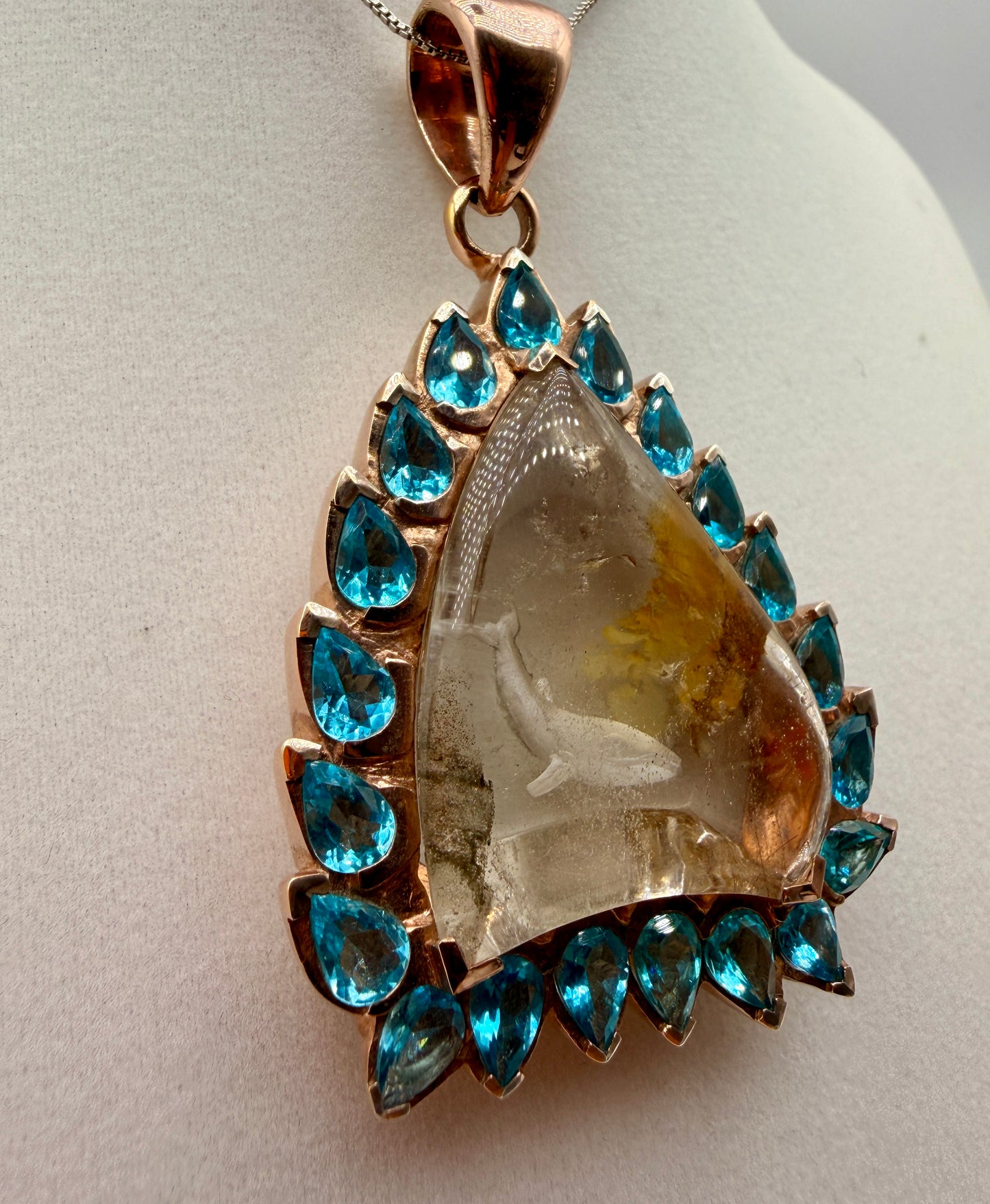 Whale Intaglio Quartz and Neon Blue Apatite Pendant