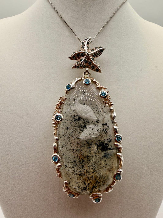 Coy Fish Intaglio Quartz, Sapphire, and Aquamarine Pendant