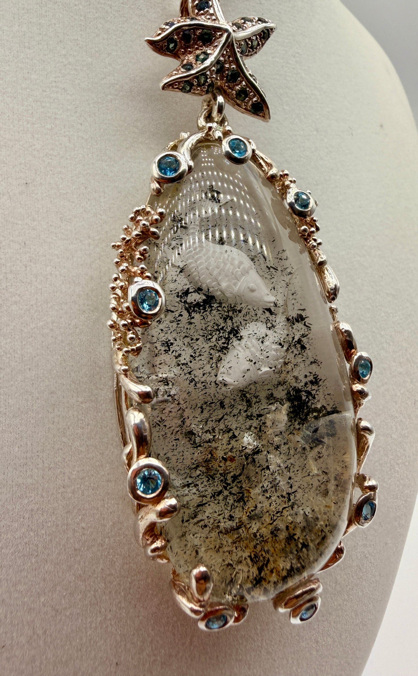 Coy Fish Intaglio Quartz, Sapphire, and Aquamarine Pendant