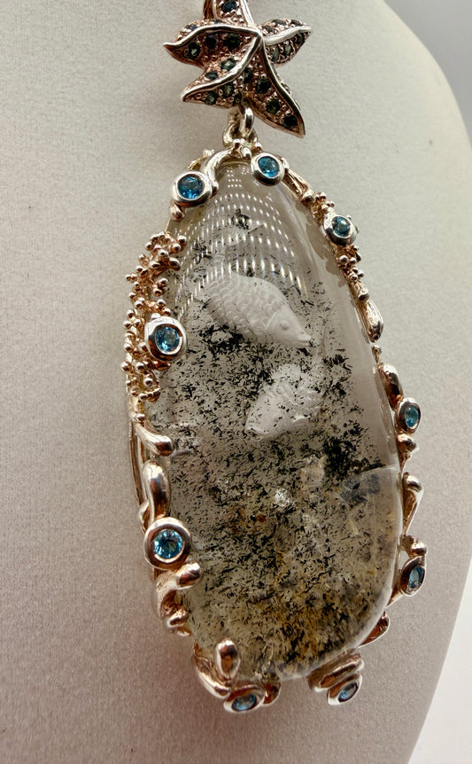 Coy Fish Intaglio Quartz, Sapphire, and Aquamarine Pendant