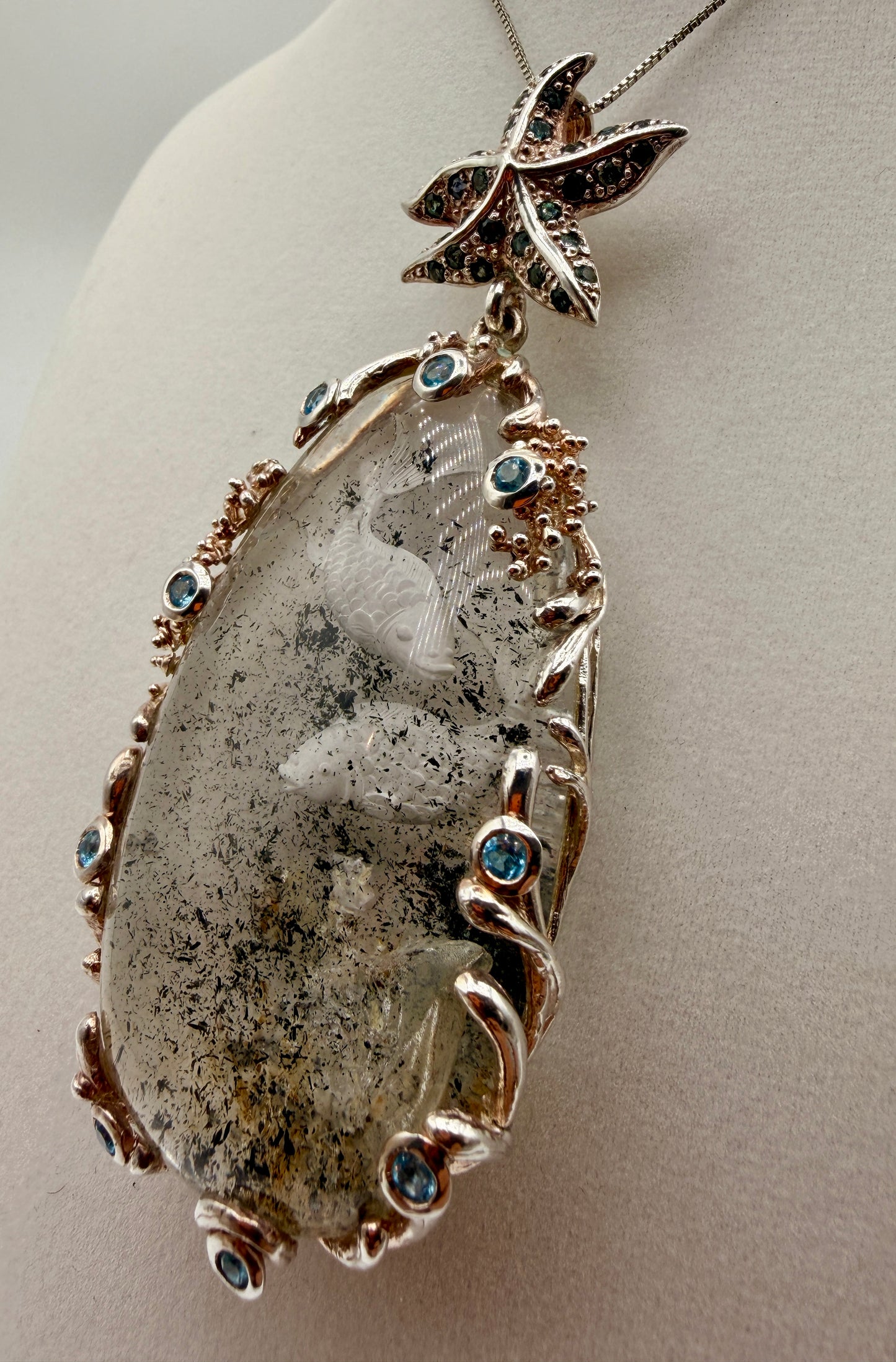 Coy Fish Intaglio Quartz, Sapphire, and Aquamarine Pendant