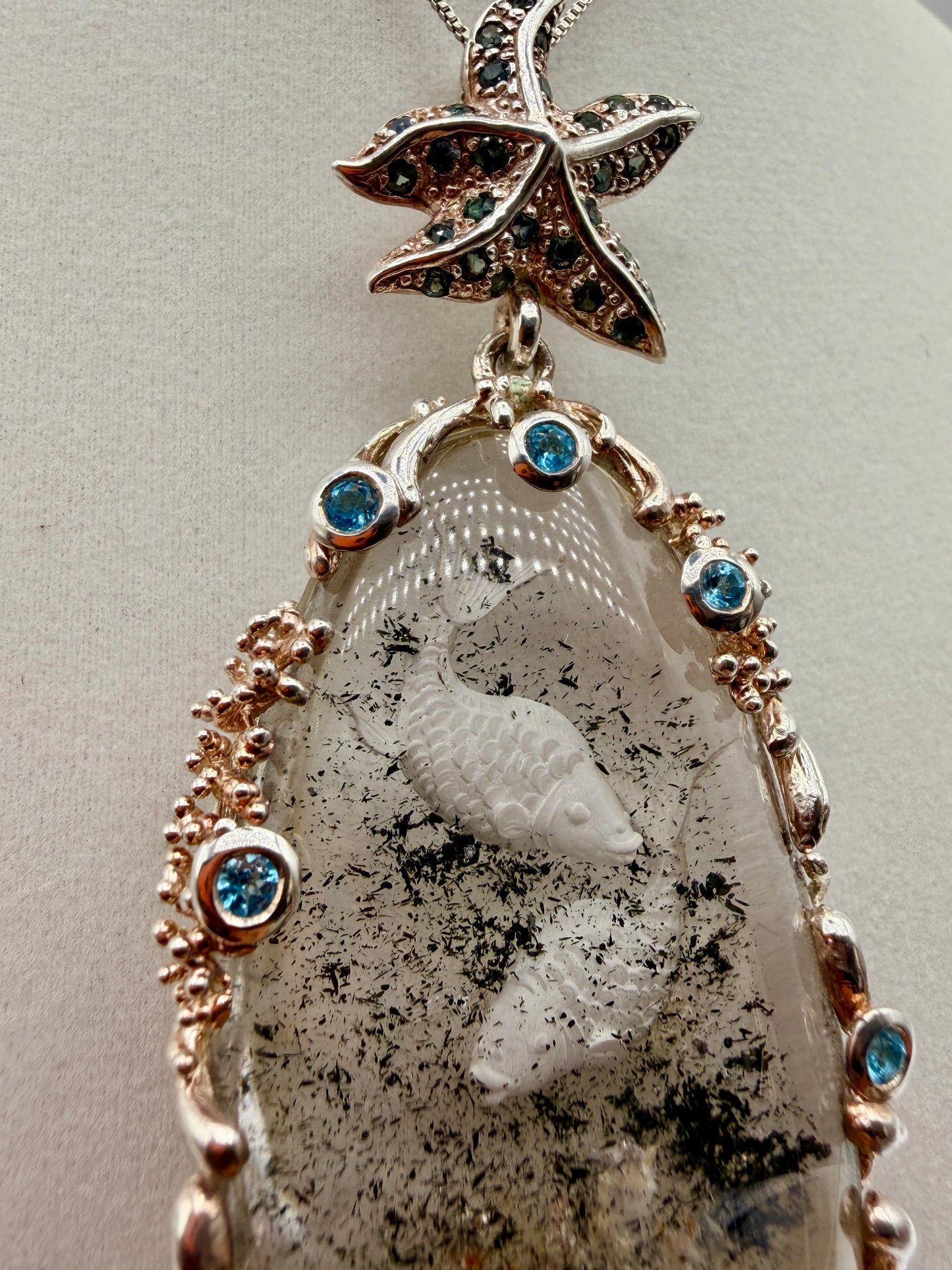 Coy Fish Intaglio Quartz, Sapphire, and Aquamarine Pendant