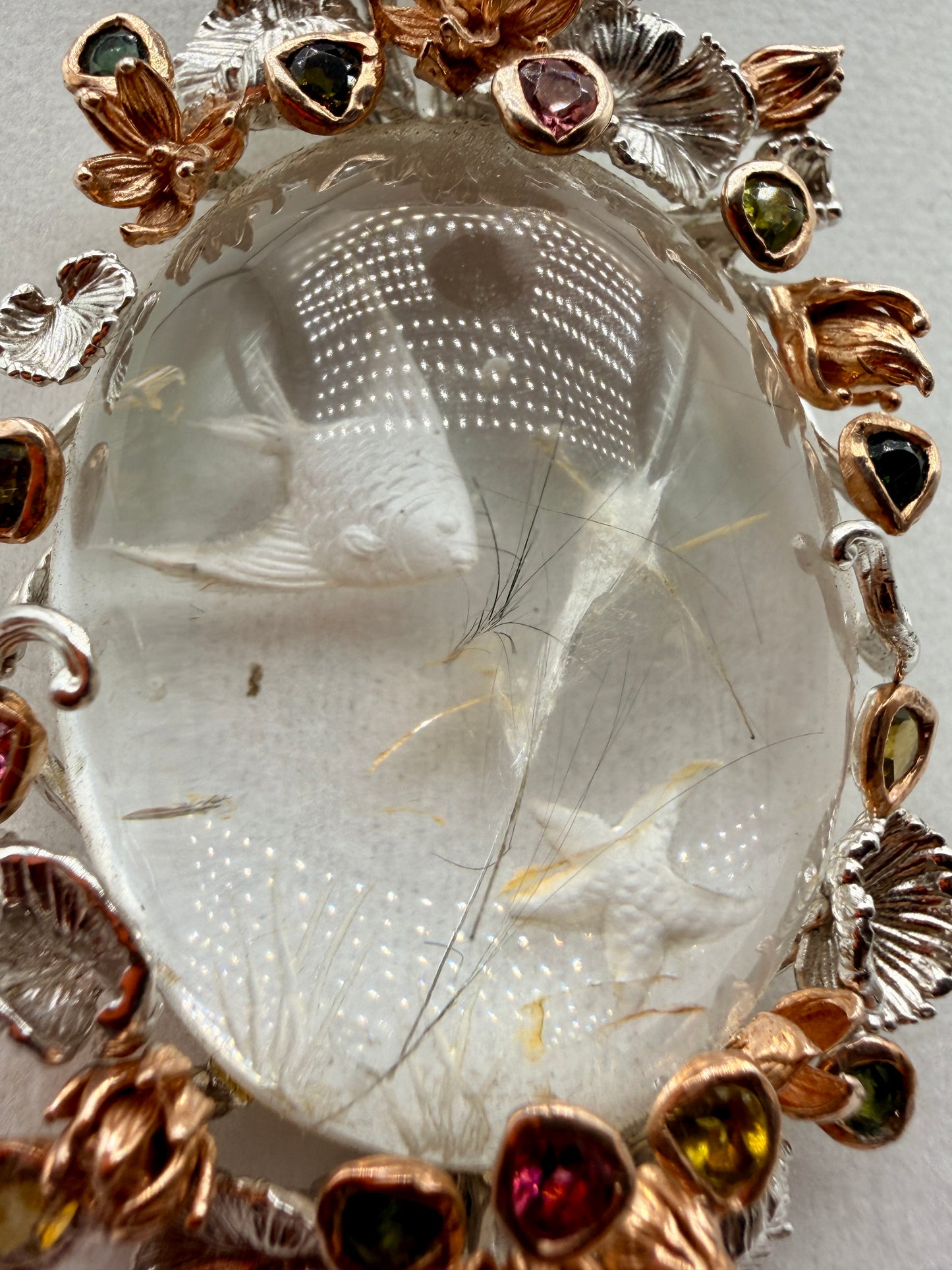 Angelfish Intaglio Quartz, Tourmaline, and Sapphire Pendant