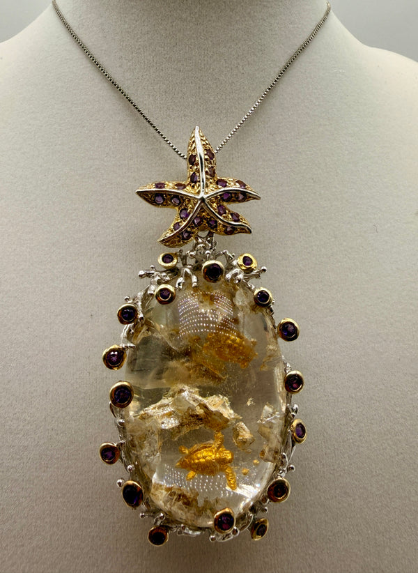 Sea Turtles Intaglio Quartz and Amethyst Pendant