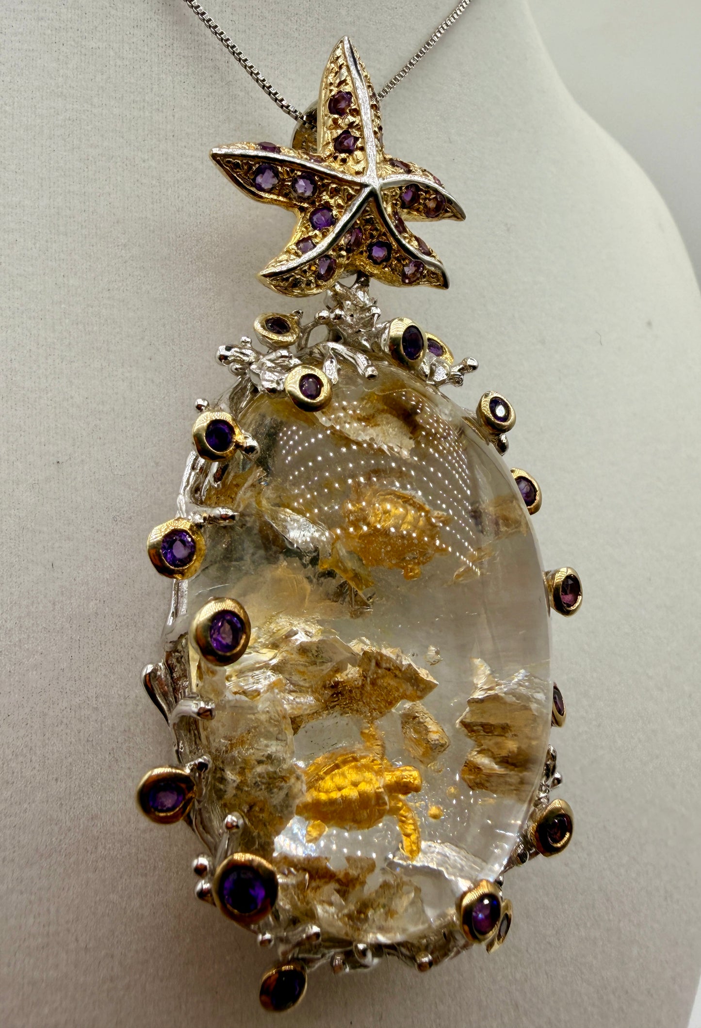 Sea Turtles Intaglio Quartz and Amethyst Pendant