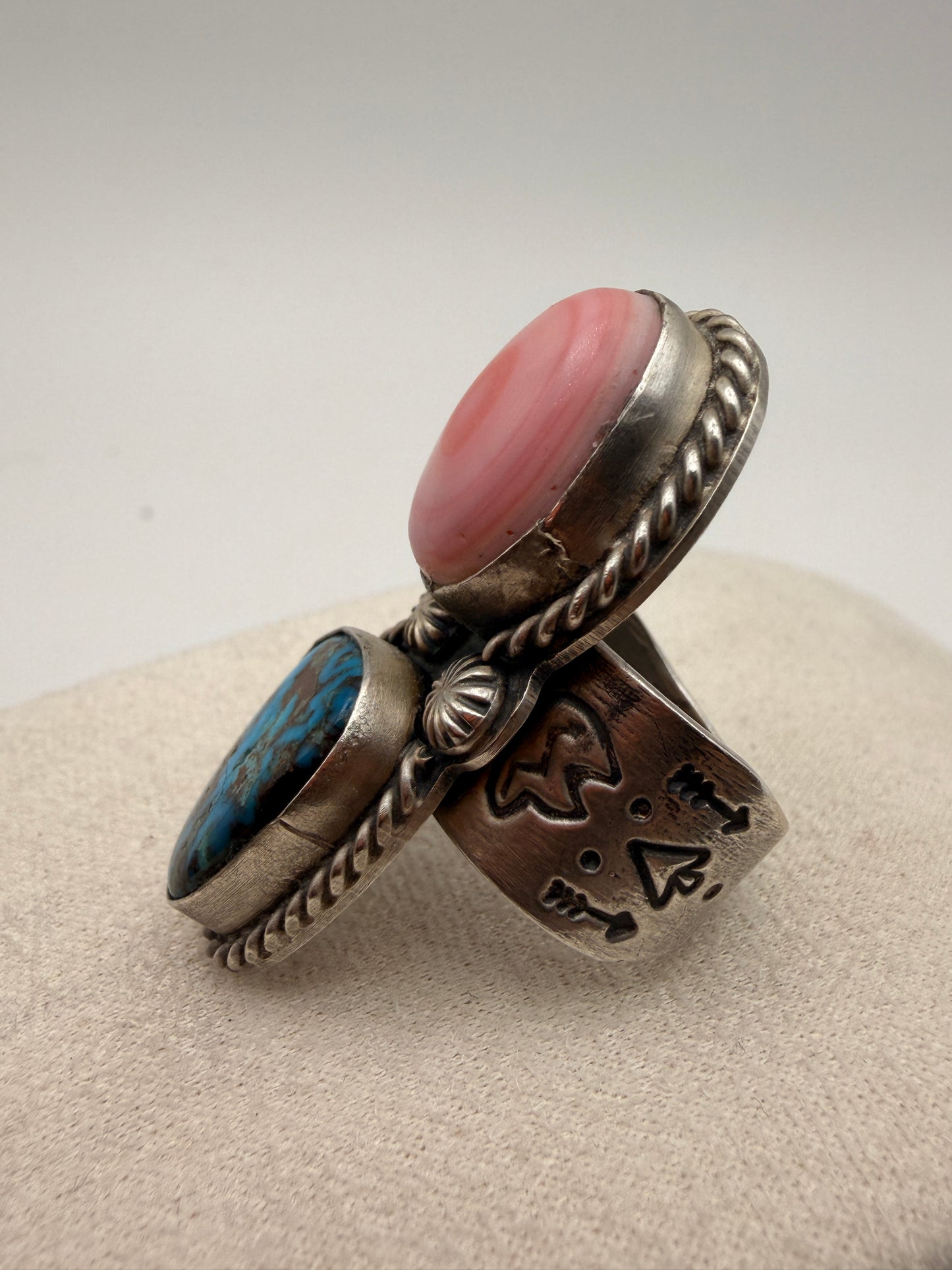 Pink Conch Shell and Bisbee Turquoise Ring
