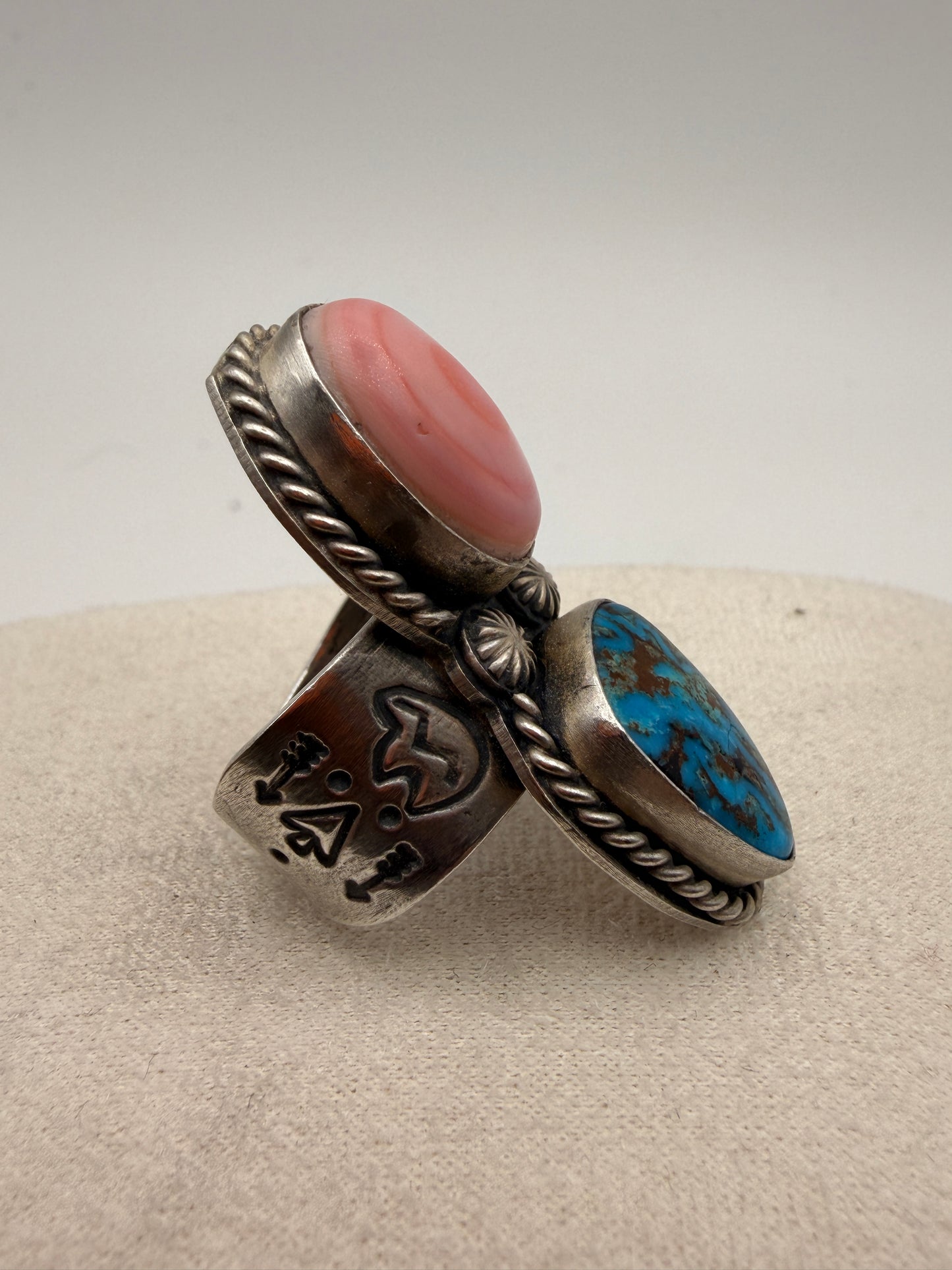 Pink Conch Shell and Bisbee Turquoise Ring