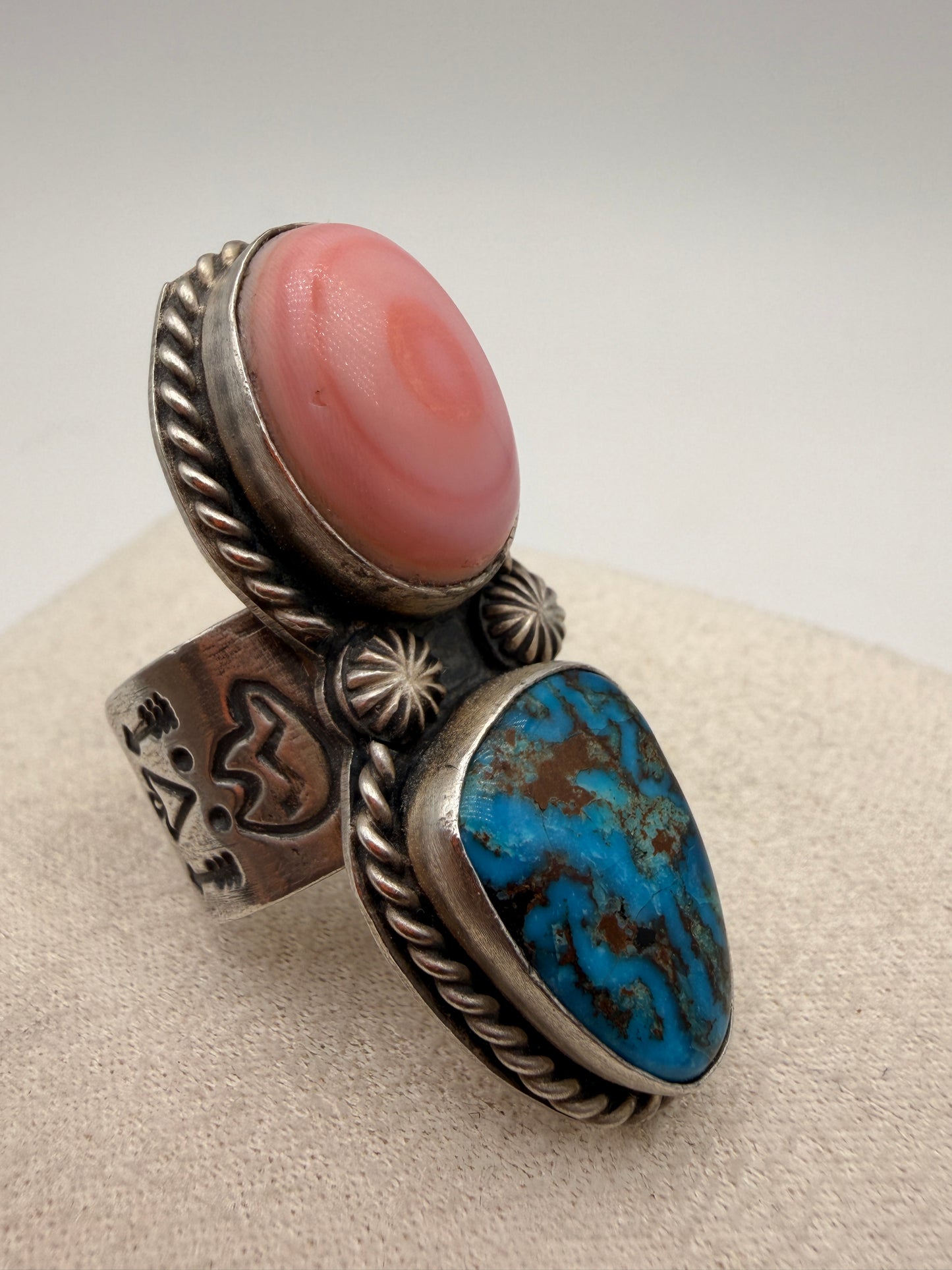 Pink Conch Shell and Bisbee Turquoise Ring