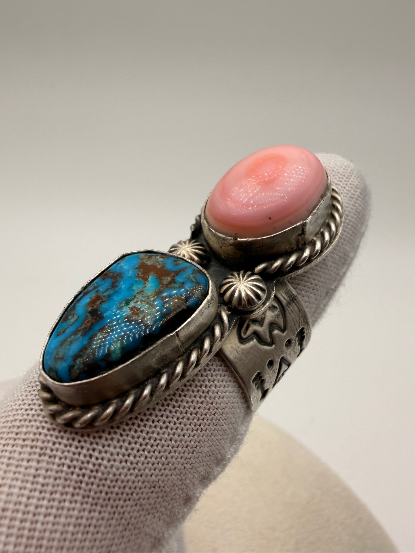 Pink Conch Shell and Bisbee Turquoise Ring