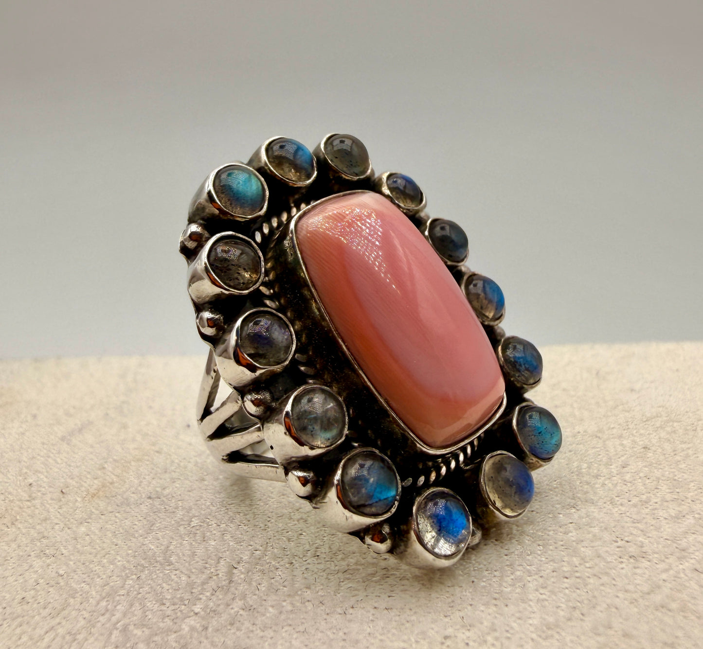 PInk Conch Shell and Labradorite Ring
