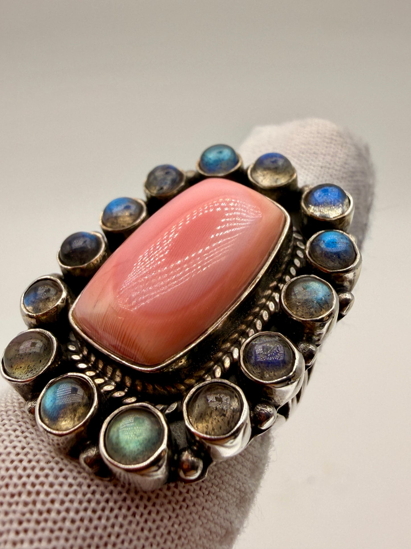 PInk Conch Shell and Labradorite Ring