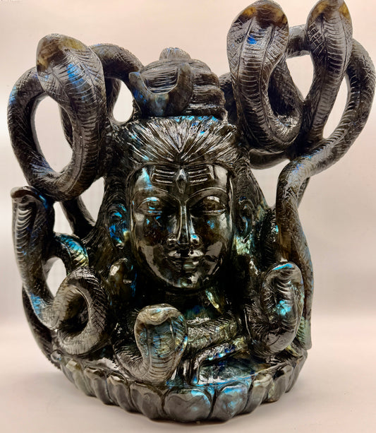 Giant Labradorite Shiva Head Statue with Serpent Halo