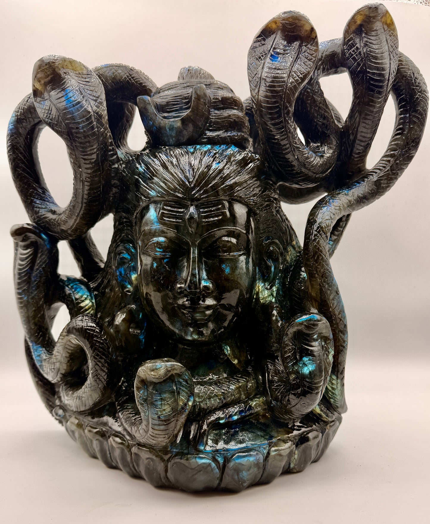 Labradorite Crystal Carved Giant Shiva Head and Snake Altar