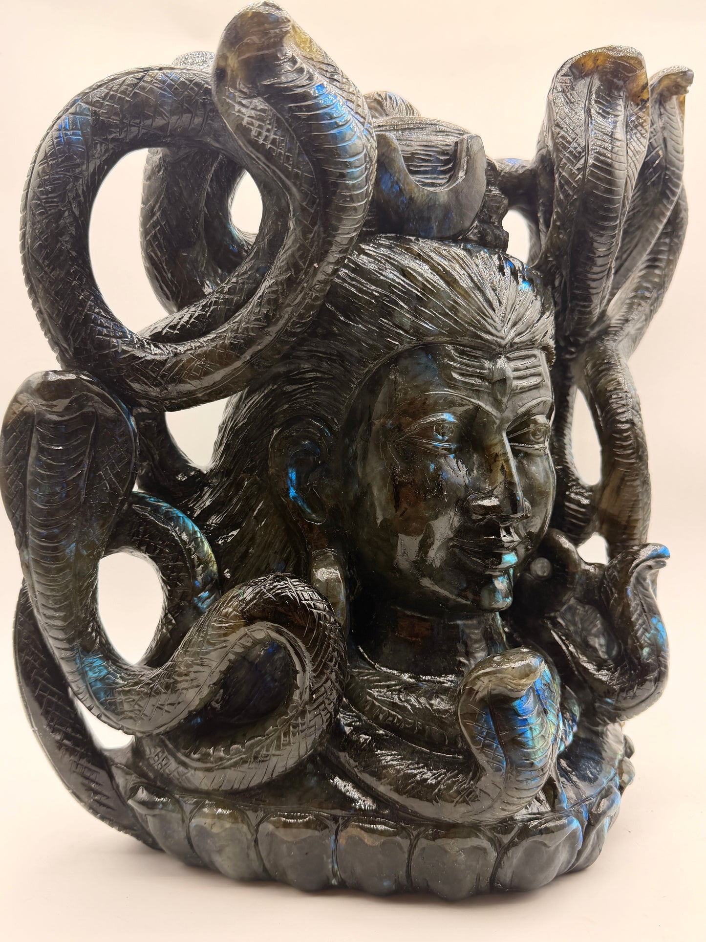 Labradorite Crystal Carved Giant Shiva Head and Snake Altar