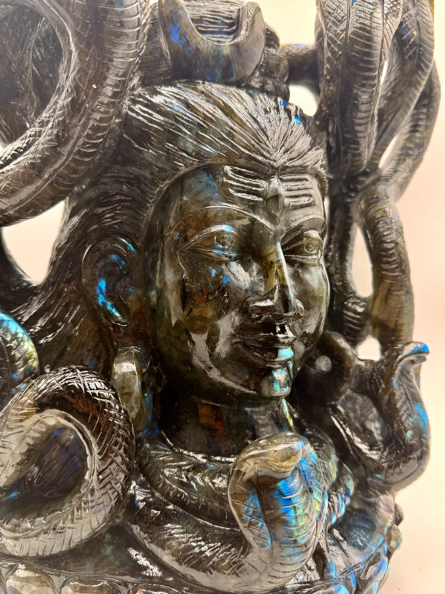 Labradorite Crystal Carved Giant Shiva Head and Snake Altar