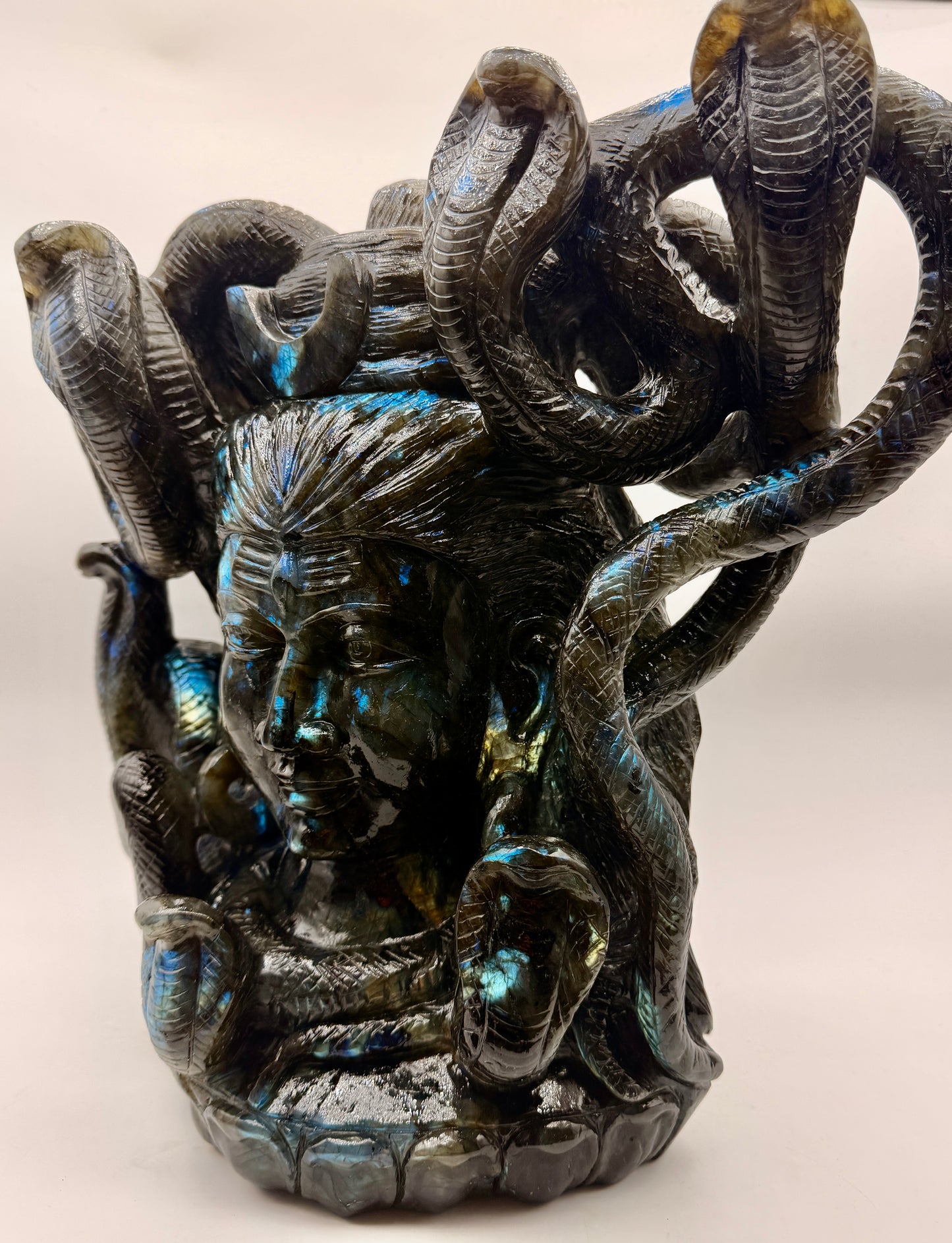 Labradorite Crystal Carved Giant Shiva Head and Snake Altar