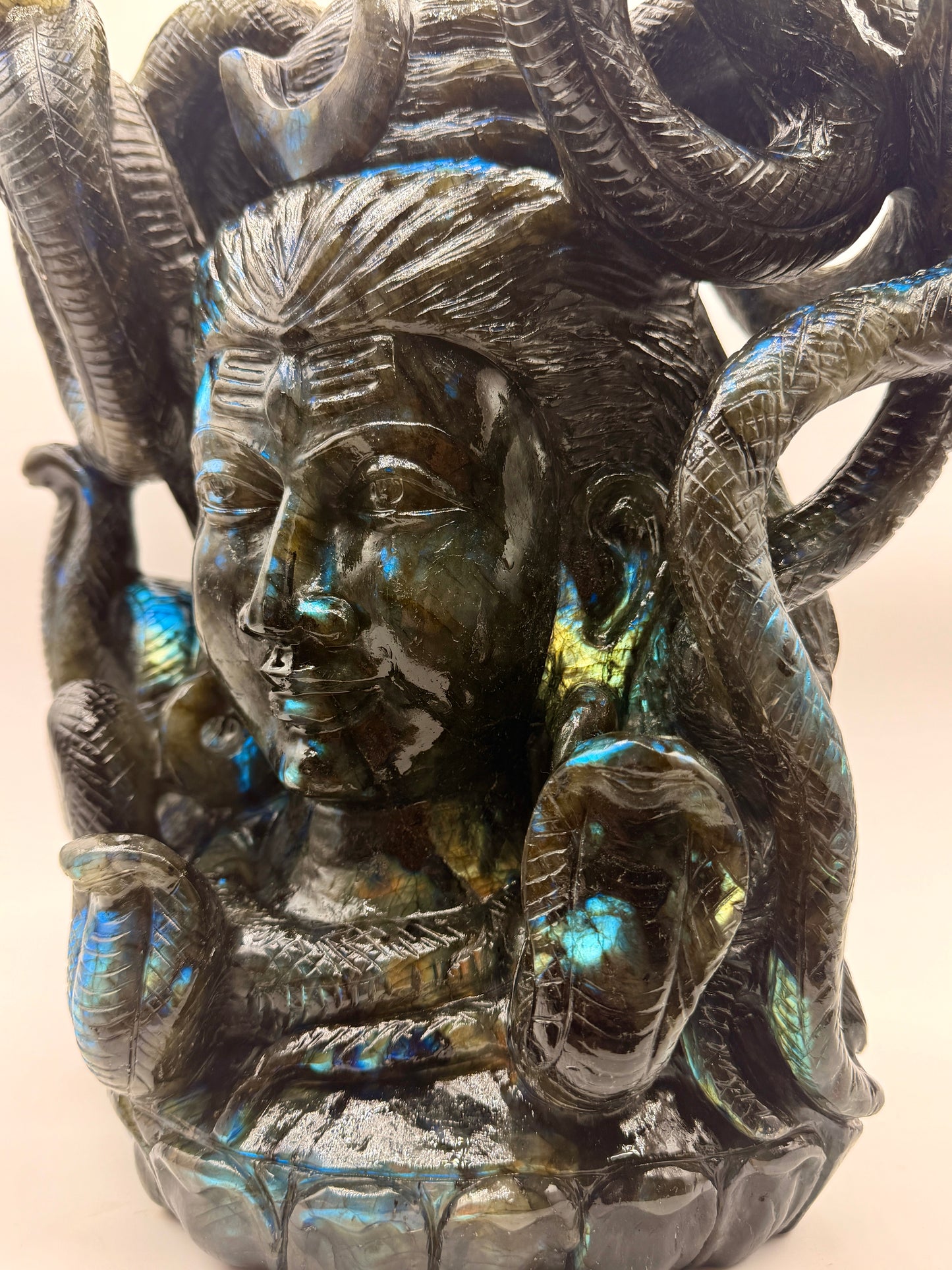 Labradorite Crystal Carved Giant Shiva Head and Snake Altar
