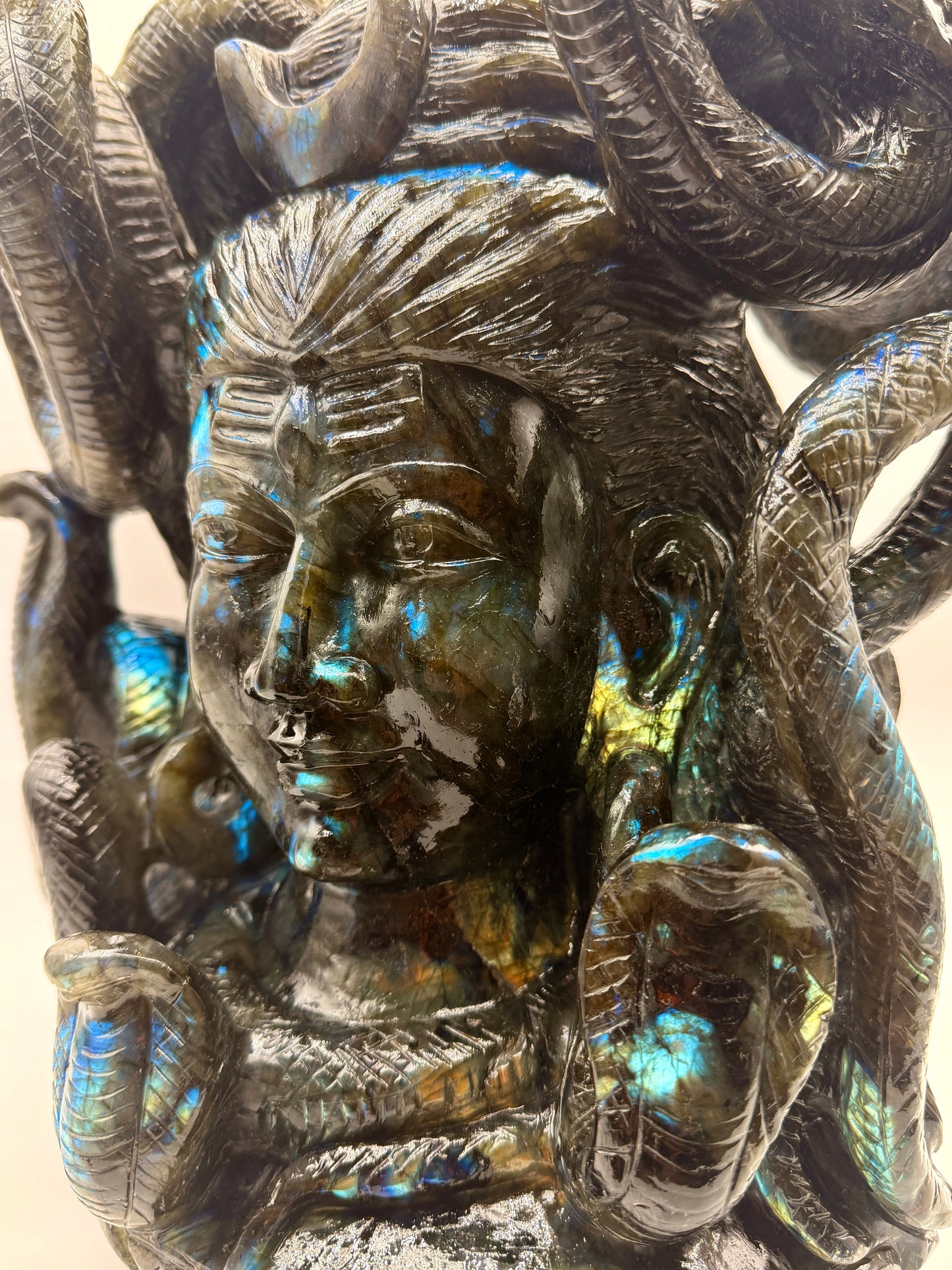 Labradorite Crystal Carved Giant Shiva Head and Snake Altar