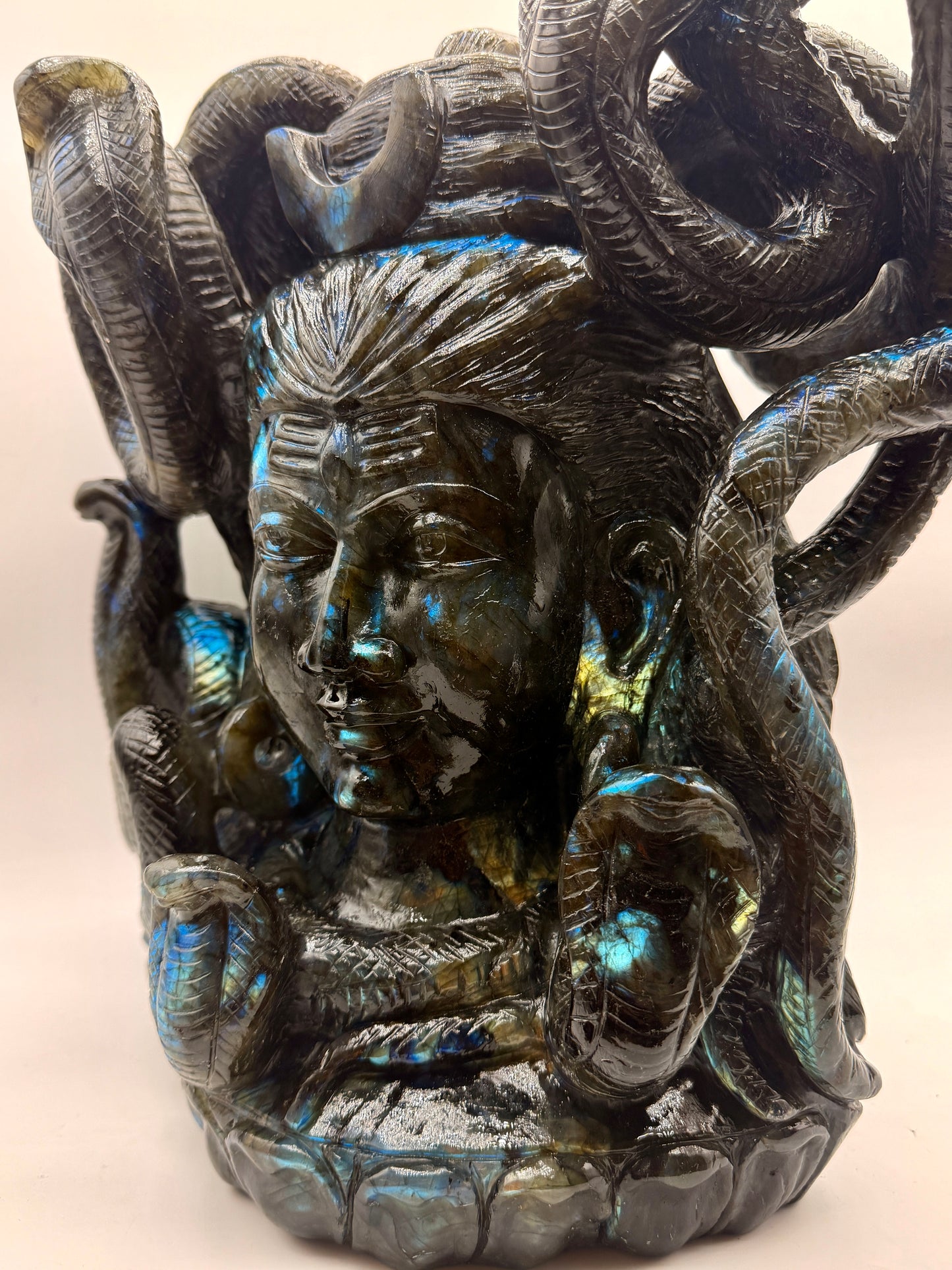 Labradorite Crystal Carved Giant Shiva Head and Snake Altar
