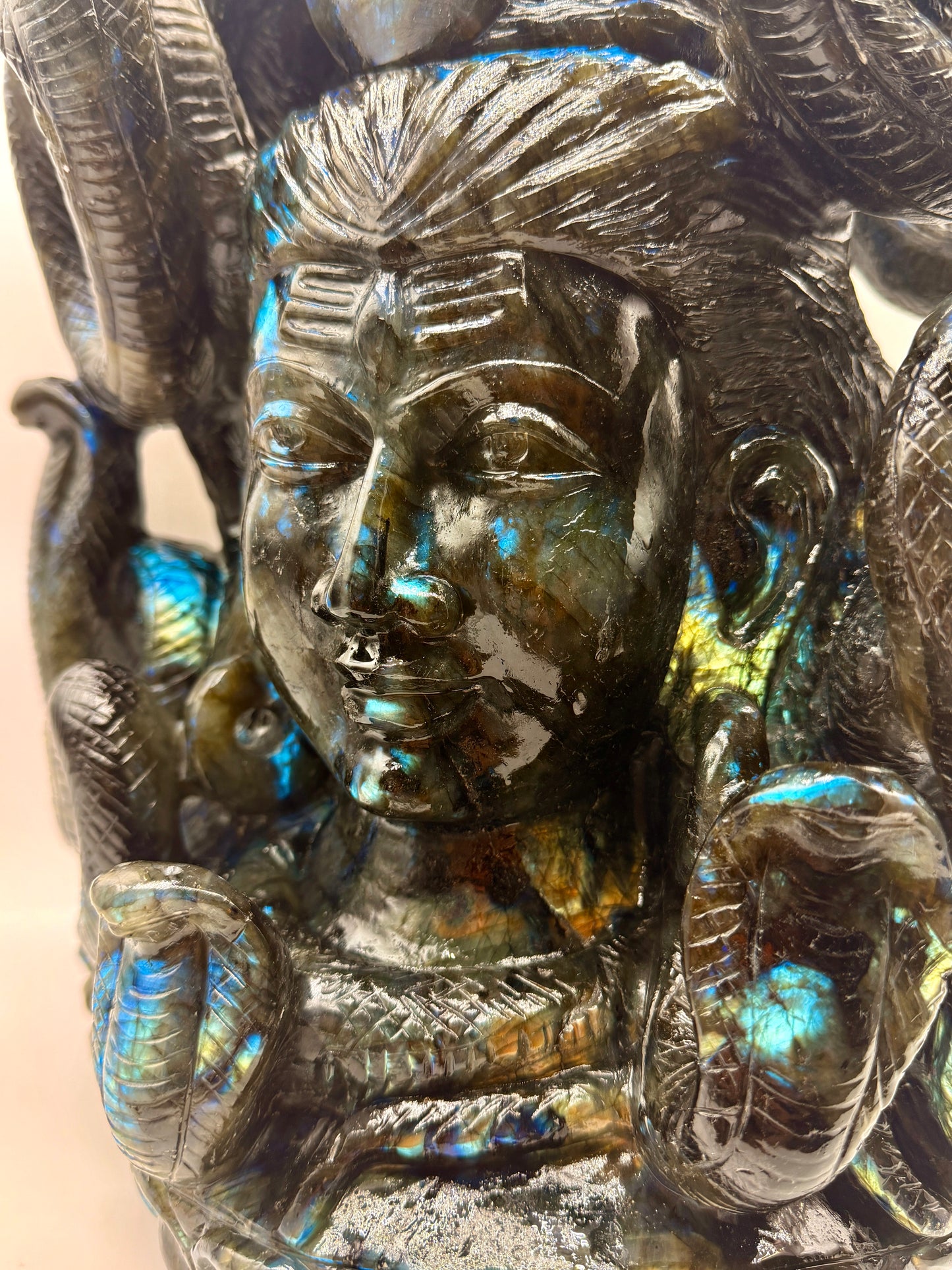 Labradorite Crystal Carved Giant Shiva Head and Snake Altar