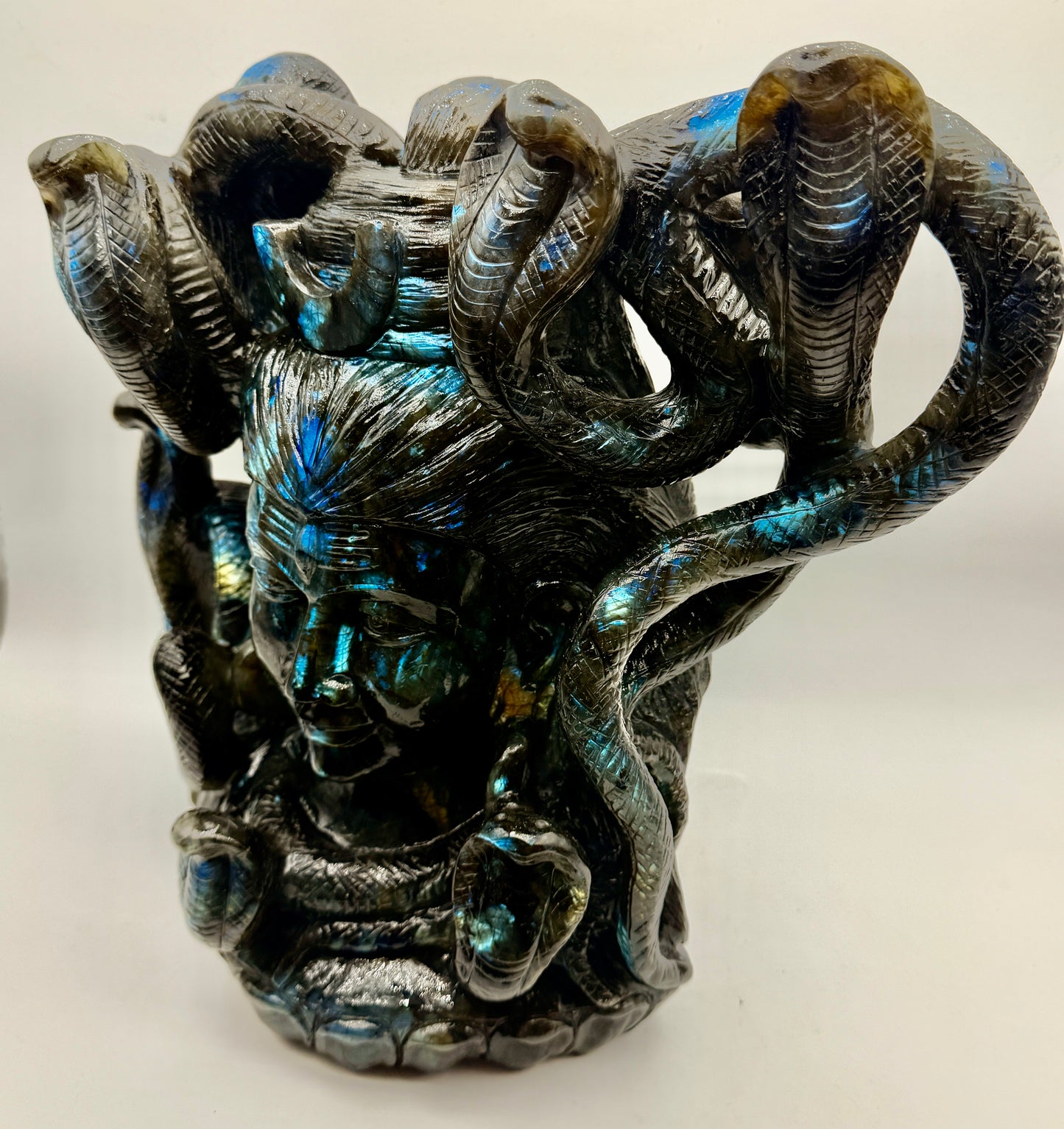 Labradorite Crystal Carved Giant Shiva Head and Snake Altar