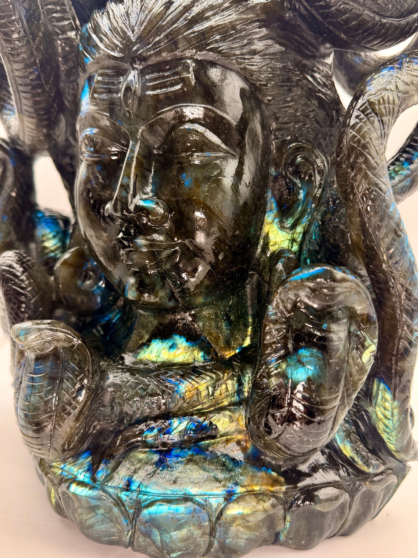 Labradorite Crystal Carved Giant Shiva Head and Snake Altar