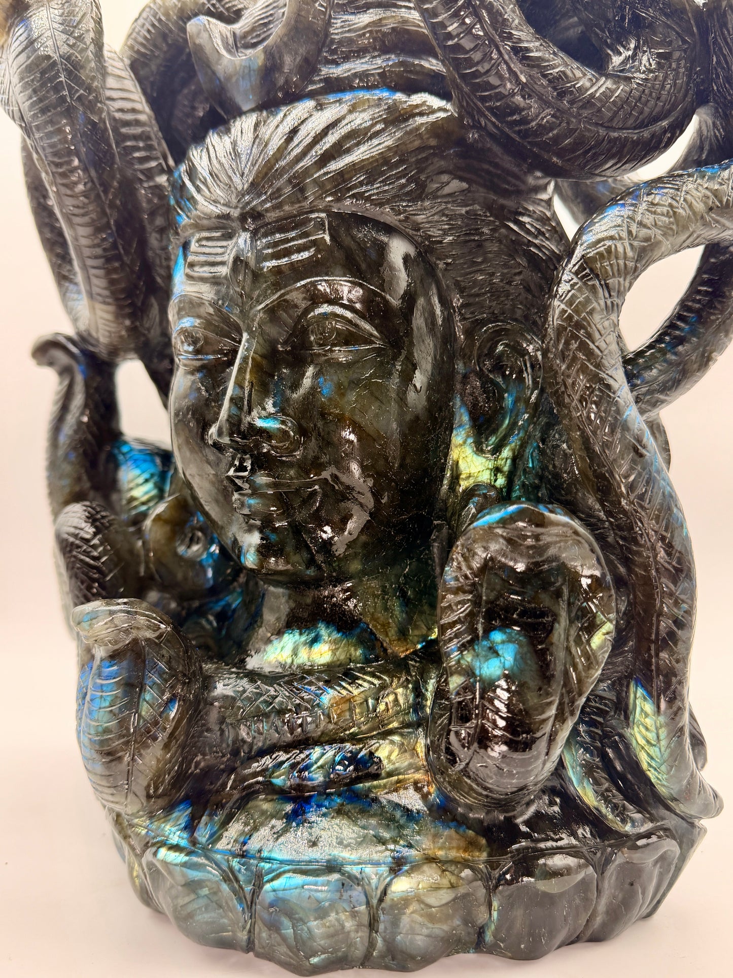 Labradorite Crystal Carved Giant Shiva Head and Snake Altar