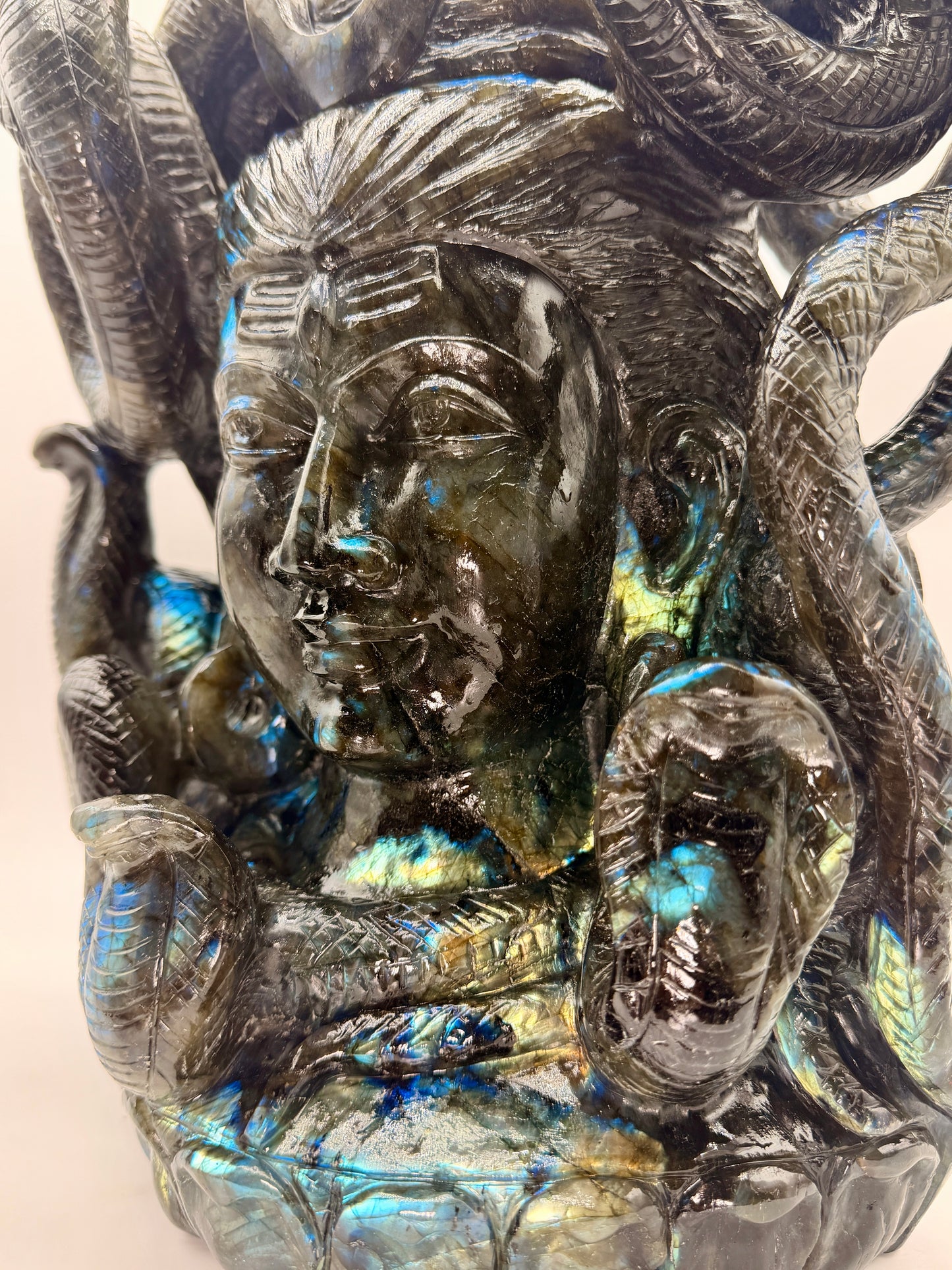 Labradorite Crystal Carved Giant Shiva Head and Snake Altar
